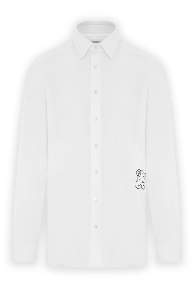 A crisp white cotton and linen blend shirt with simple contrasting embroidery - photo 1