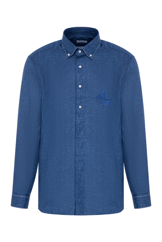 Blue linen shirt with a stylish button-down collar and white buttons - photo 1