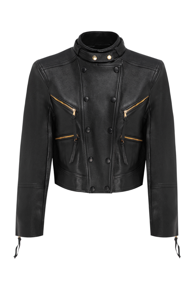 Balmain түймелері мен алтын сыдырмалары бар қысқа қара былғары байкер күртеше 196739 - фото 1