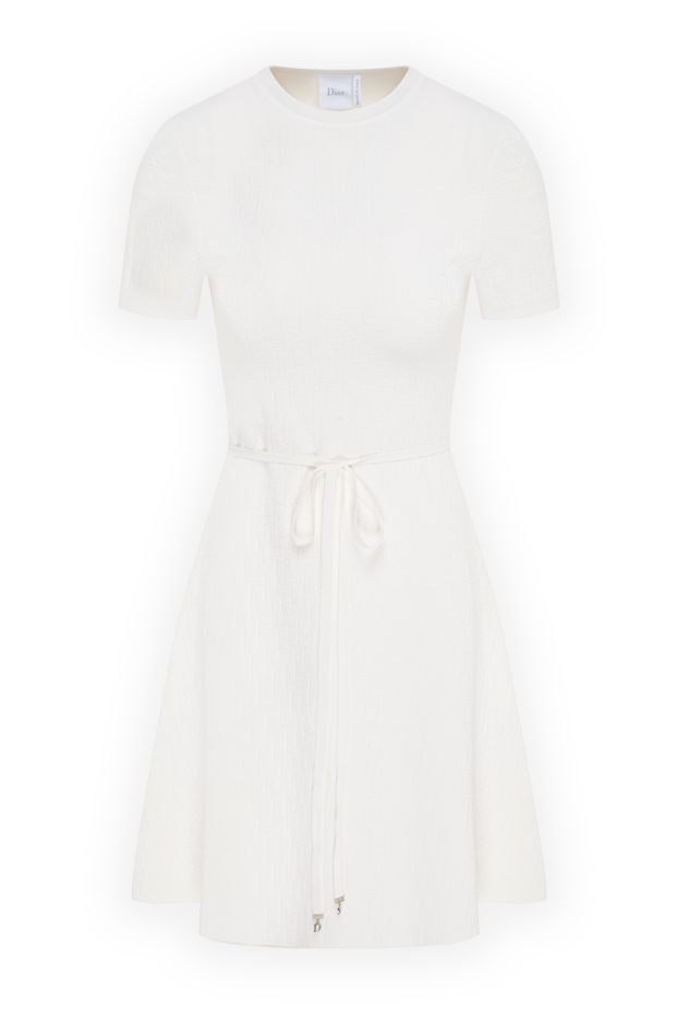 White fitted mini dress in silk and cotton with a drawstring belt - photo 1