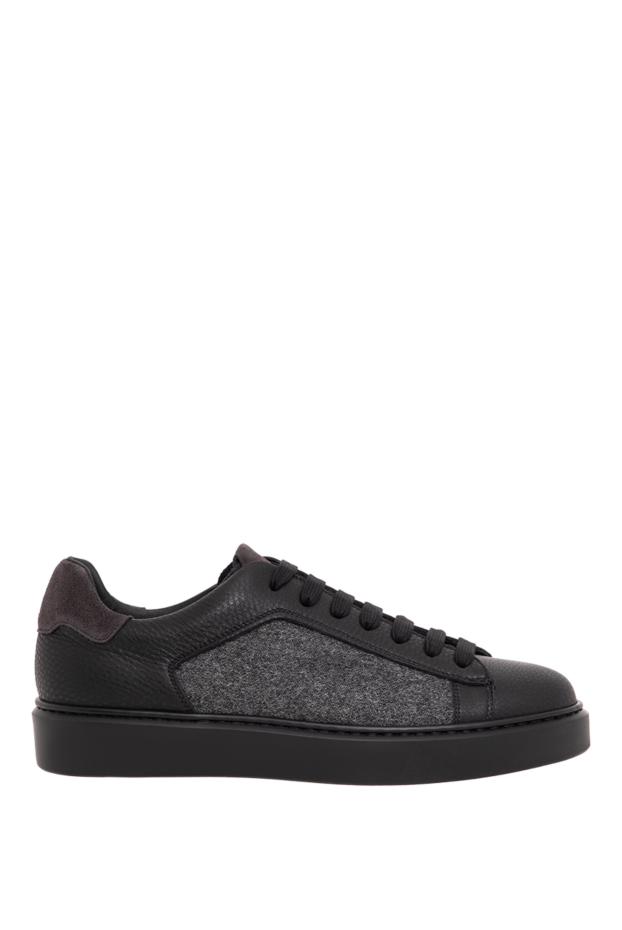 Doucal`s men's black grained leather sneakers with grey wool panels 197565 - photo 1