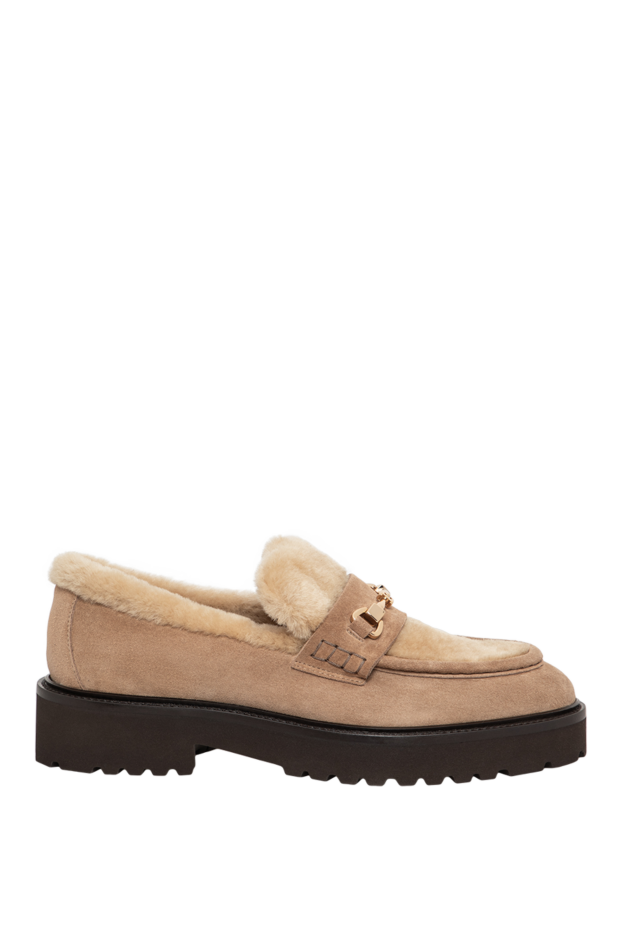Women's camel suede loafers with fur and a gold bit - photo 1