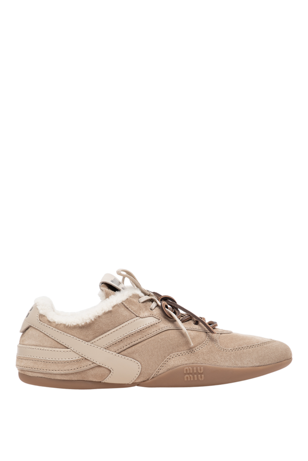 Miu Miu beige suede sneakers with fur, double lacing and logo 197740 - photo 1