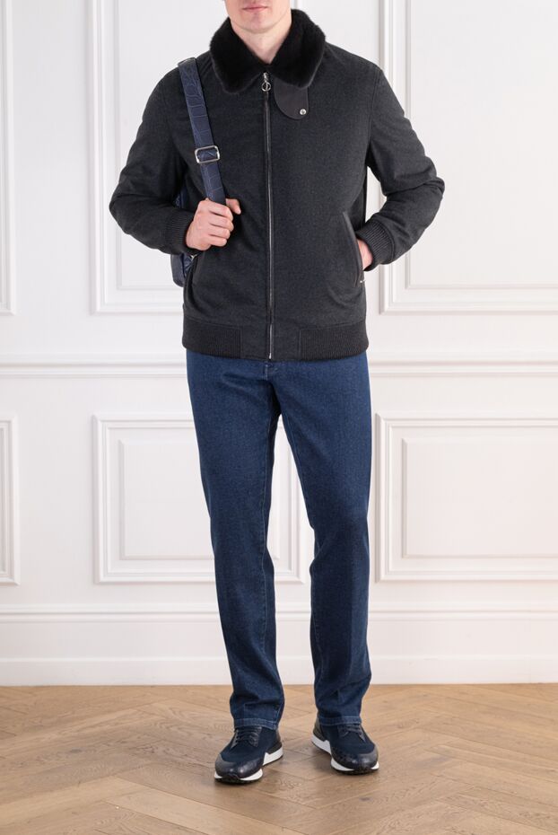 Seraphin black melange cashmere bomber jacket with a natural fur collar 197773 - photo 2