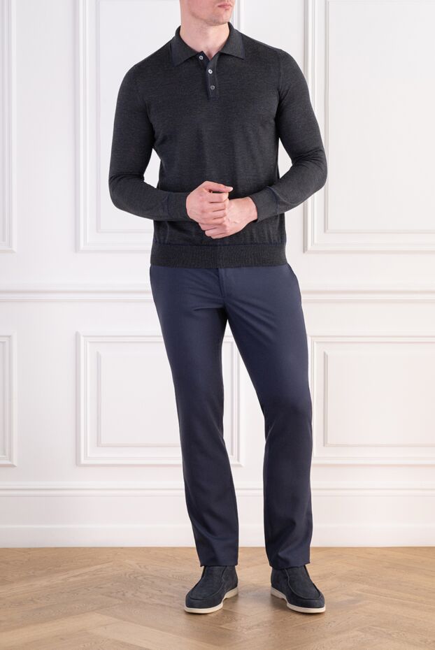 Men's grey long sleeve polo shirt with crocodile trim on the collar - photo 2
