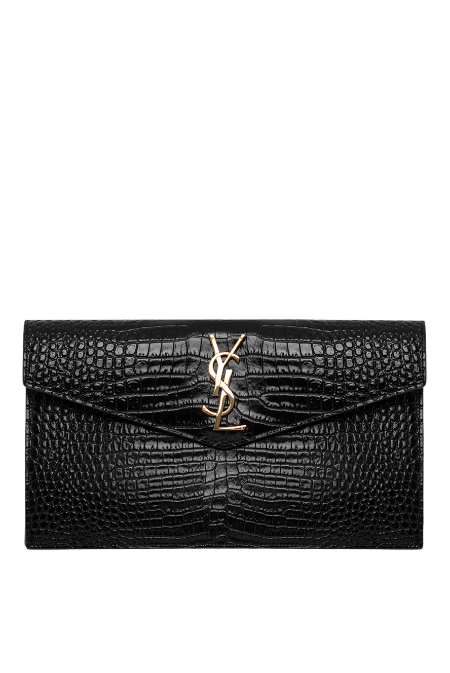 Saint Laurent маленький клатч-конверт uptown из тисненной черной кожи 190916 - фото 1