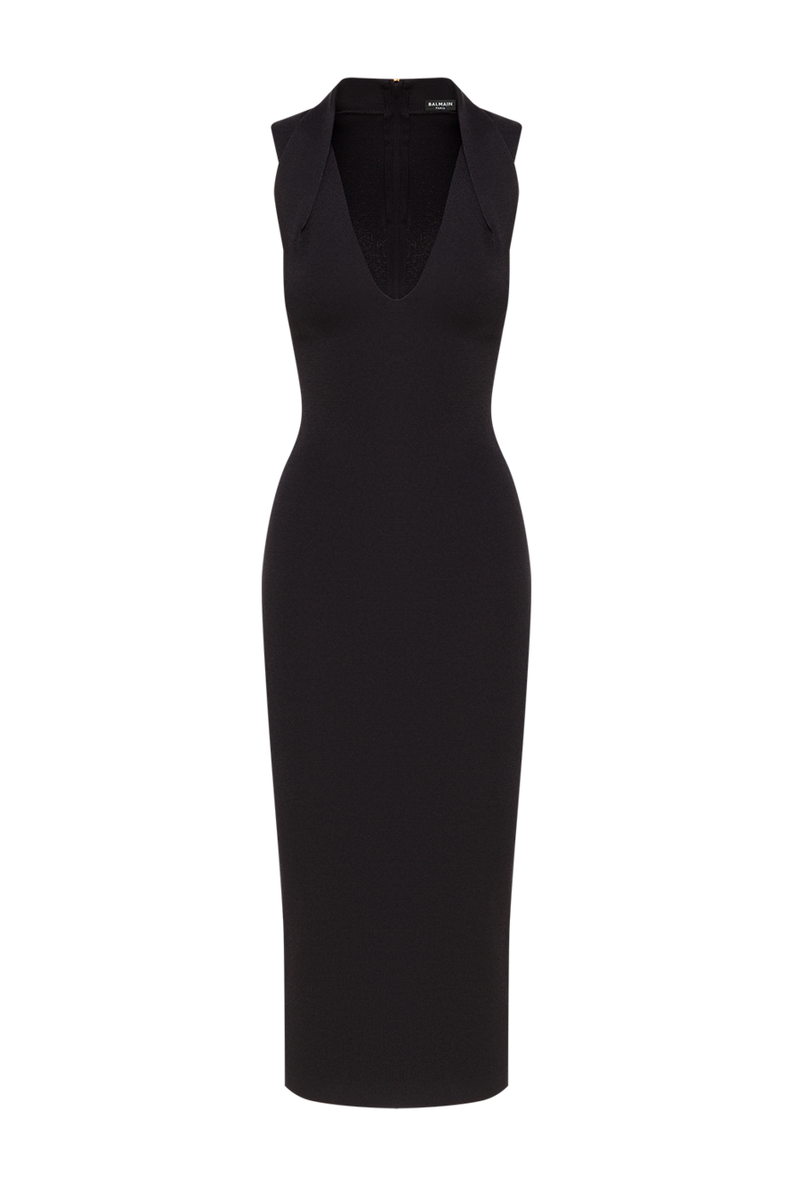 Balmain черное приталенное платье миди с v-образным вырезом и отложным воротником 192259 - фото 1