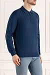 Cesare di Napoli Long Sleeve Polo in Silk and Cashmere blue for men - cage pattern. Long sleeve. 70% cashmere, 30% silk. Closure: Zipper. Country of origin: Italy. Care: specialized cleaning - photo 3