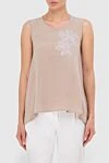 Peserico Beige silk blouse for women - contrasting flower embroidery, asymmetrical bottom. silk, elastane. button. Country of manufacture: Italy. Care: specialized cleaning - photo 3