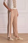 Peserico Beige viscose pants for women - contrasting belt. four pockets. 97% viscose, 3% elastane. drawstring. Country of manufacture: Italy. Care: specialized cleaning - photo 3