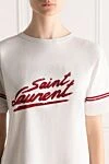 Saint Laurent White cotton T-shirt for women - contrast stripe, lame, logo print. 100% cotton. Country of manufacture: Italy. Care: specialized cleaning - photo 5