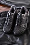 Black leather and textile sneakers for men Doucal`s - textile inserts. leather interior. 70% genuine leather, 30% textile. lacing. height 2 cm. Country of manufacture: Italy. Care: specialized cleaning - photo 6