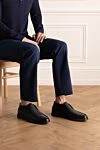 Лоферы из кожи синие мужские Santoni - контрастная подошва. 100% кожа. высота платформы 2 см. Страна производитель: Италия. Уход: специализированная чистка - фото 2