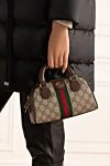 Brown leather bag for women Gucci - gold-plated hardware, contrast stripe, metal logo. zipper. genuine leather, textile. Country of origin: Italy. Care: specialized cleaning - photo 2