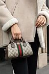 Gucci Brown leather bag for women - gold-plated hardware, contrast stripe, metal logo. zipper. genuine leather, textile. Country of origin: Italy. Care: specialized cleaning - photo 7