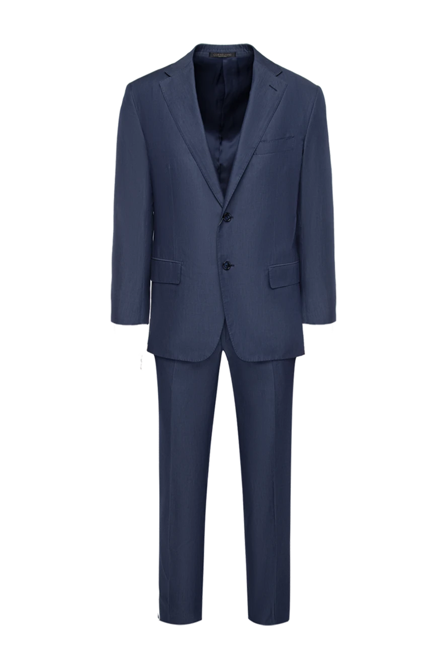 Corneliani Men's suit made of cotton and silk blue - Slit. 79% cotton, 21% silk. Closure: Buttons, hook. Chest pocket, two flap pockets. Three pockets. Two side pockets, two back pockets with buttons. Lining: 100% cupro. Country of manufacture: Italy. Care: specialized cleaning - photo 1