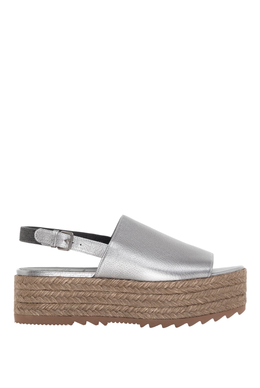 Brunello Cucinelli Gray leather sandals for women - contrast sole, jute trim around the sole, chunky sole. genuine leather. buckle. 5 cm. Country of manufacture: Italy. Care: specialized cleaning - photo 1