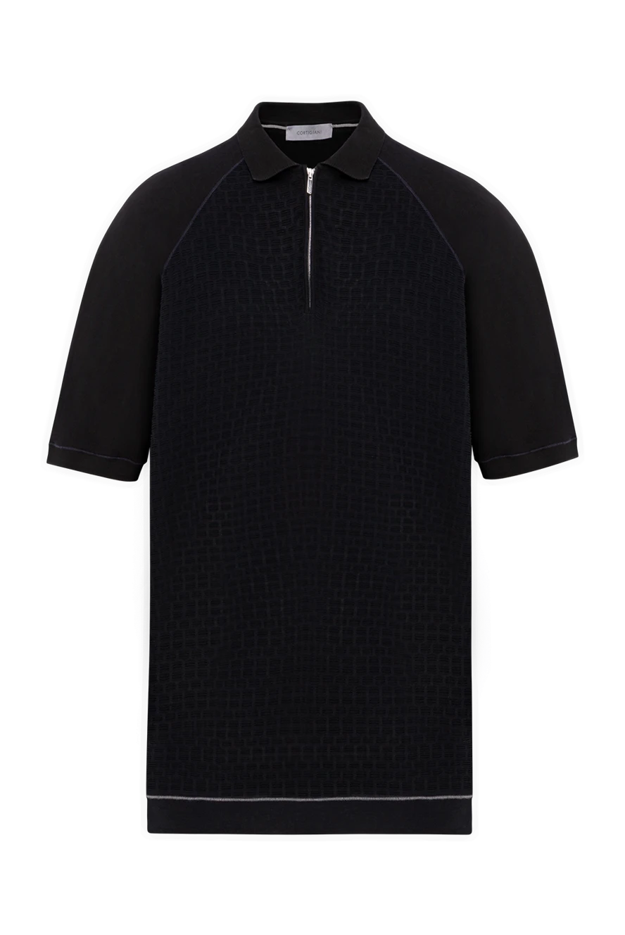 Cortigiani Black cotton polo shirt with a structured relief pattern for men - Embossed pattern, contrasting inserts. 100% cotton. Closure: Zipper. Country of origin: Italy. Care: specialized cleaning - photo 1