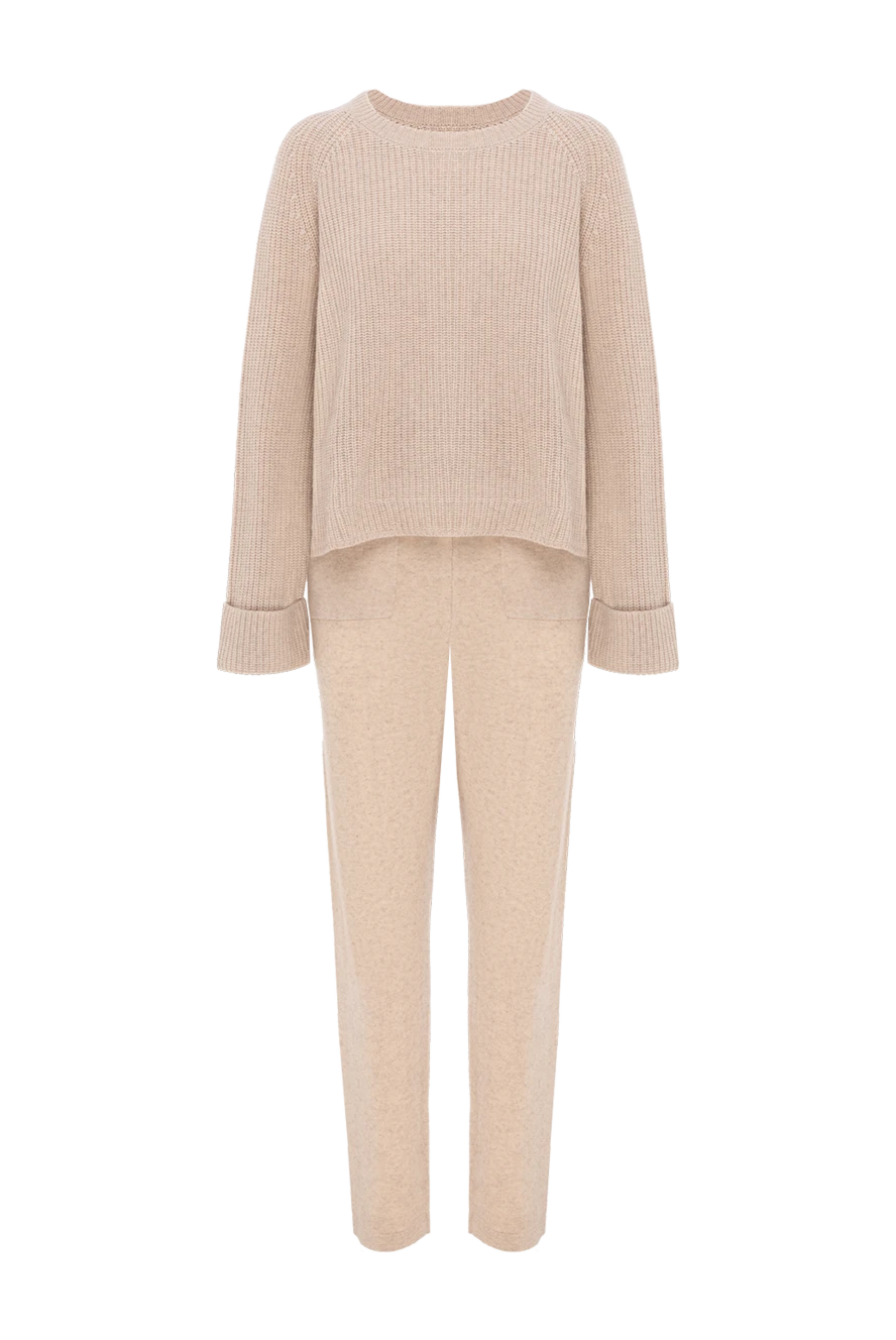 Max&Moi Women's beige wool and cashmere walking suit - natural fur, tie. 70% wool, 30% cashmere. two side trouser pockets. Country of manufacture: Italy. Care: specialized cleaning - photo 1