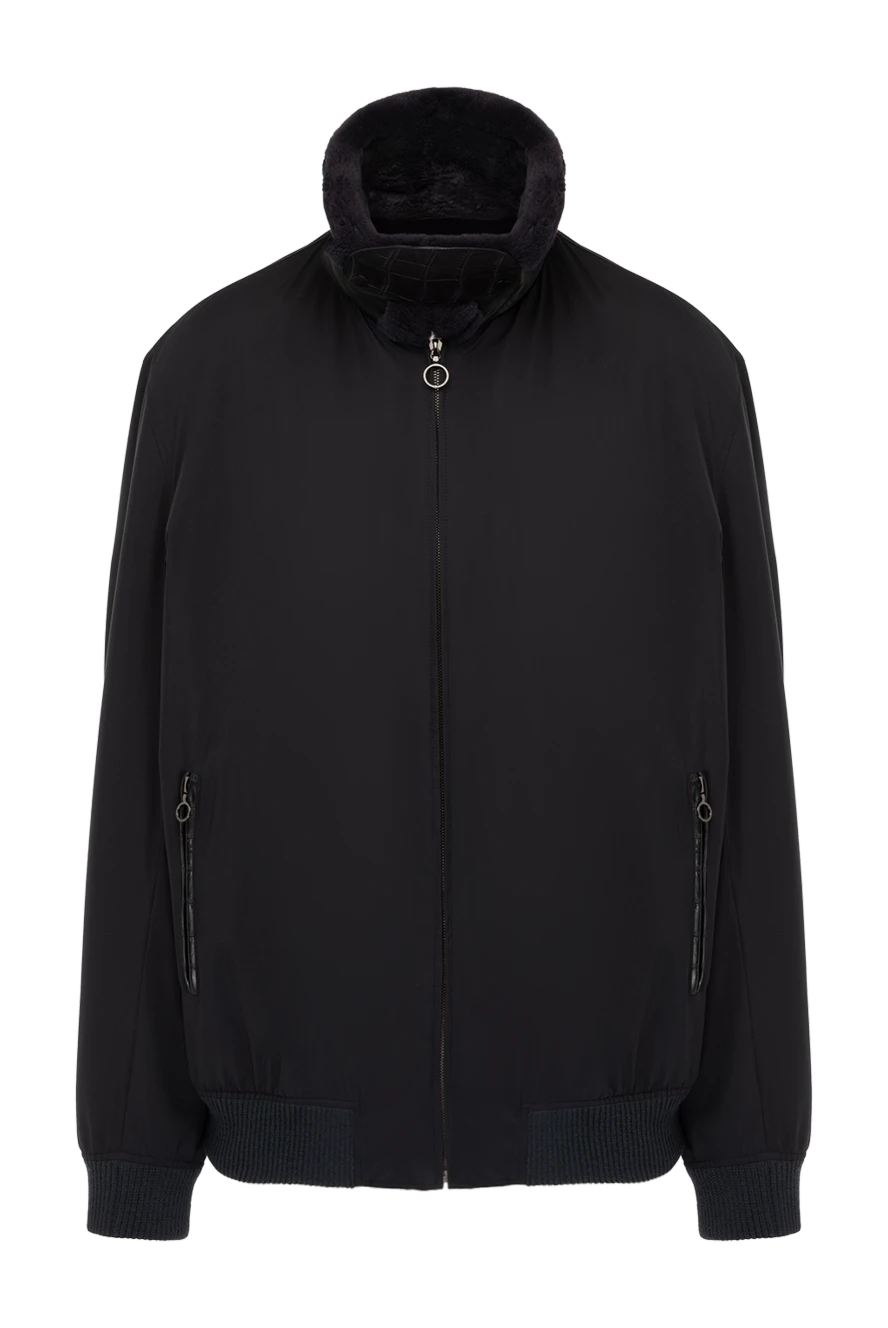 Seraphin Men's blue cashmere jacket with fur collar and crocodile leather fastener - fur collar. 90% cashmere, 5% leather, 5% crocodile skin. Closure: Zipper. Two side pockets. Country of origin: France. Care: specialized cleaning - photo 1