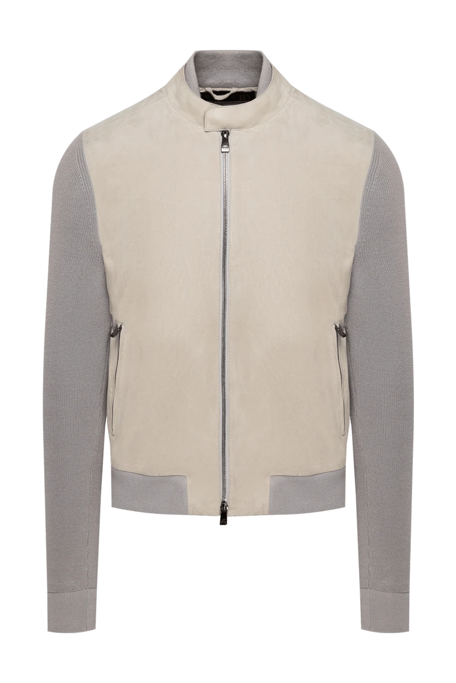 Corneliani Men's cardigan made of wool and suede, beige - Decor: Combined materials. Composition: 100% wool, 100% suede. Closure: Zipper. Pockets: Two side pockets. Country of manufacture: Italy. Care: specialized cleaning - photo 1