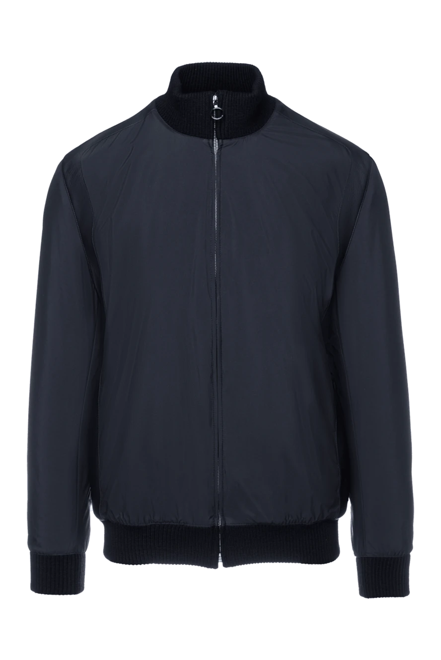 Seraphin Куртка-бомбер кашемировая с вставками из кожи синяя мужская - Контрастный воротник. 90% нейлон, 10% натуральная кожа. Молния. Два боковых кармана. Страна производитель: Франция. Уход: специализированная чистка - фото 1
