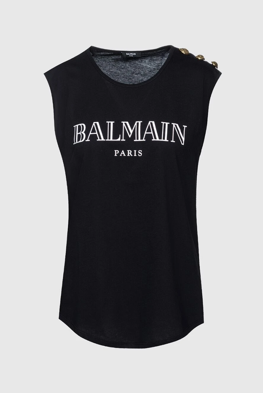 Balmain Футболка из хлопка черная женская - без рукавов, логотип, пуговицы на плече. 100% хлопок. Страна производитель: Франция. Уход: специализированная чистка - фото 1