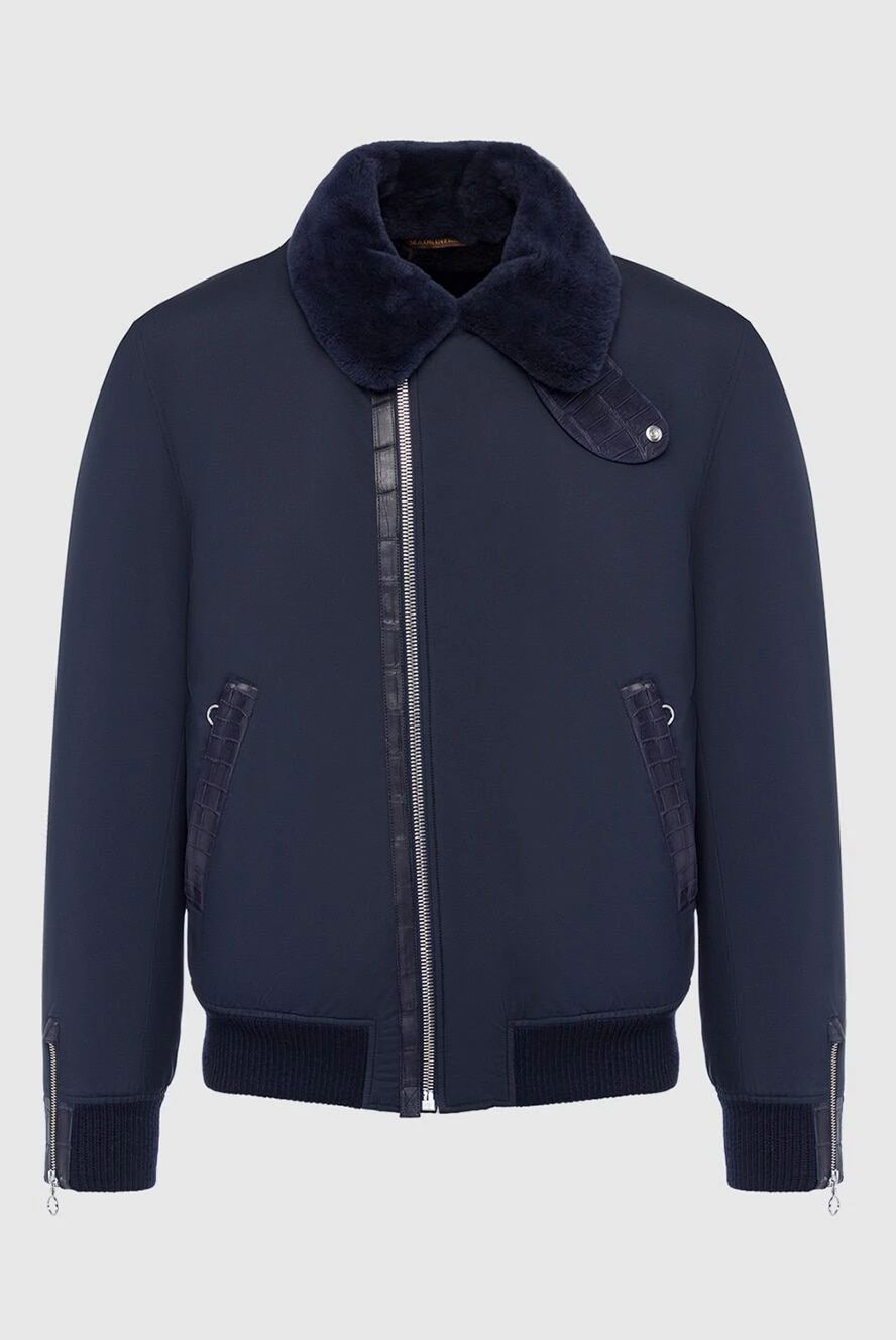 Seraphin Куртка-авиатор синяя на меху с вставками из кожи крокодила мужская - Декоративные вставки фактурной кожи. Меховой воротник. 90% нейлон, 10% кожа. Молния. Два боковых кармана. 100% натуральный мех. Страна производитель: Франция. Уход: специализированная чистка - фото 1