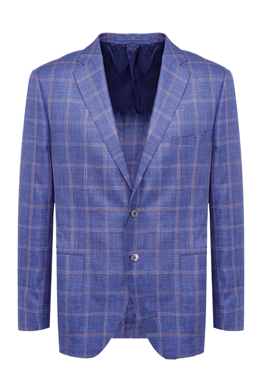 Lubiam Синий пиджак в красную клетку из шерсти шелка и льна - узор клетка. 49% шерсть, 30% шелк, 21% лен. две пуговицы. два внутренних, два боковых, нагрудный карман. Страна производитель: Италия. Уход: специализированная чистка - фото 1