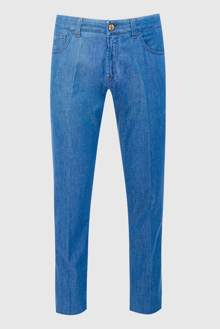 Stefano Ricci Straight-leg jeans in light blue denim with a signature leather patch - worn effect. 55% lyocell, 43% cotton, 2% elastane. Closure: button, zipper. Three side pockets, two back pockets. Country of origin: Italy. Care: specialized cleaning - photo 1