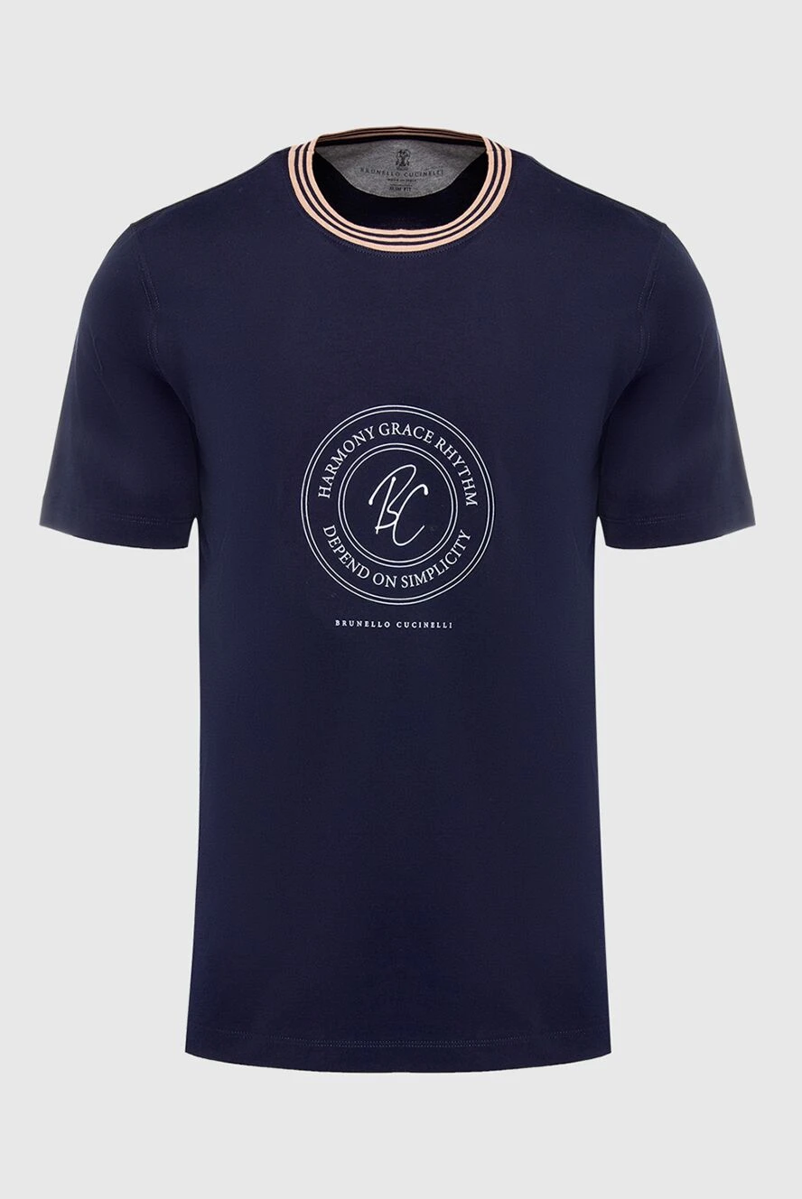 Brunello Cucinelli Blue cotton T-shirt for men - print, edging on the collar. 100% cotton. Country of origin: Italy. Care: specialized cleaning - photo 1