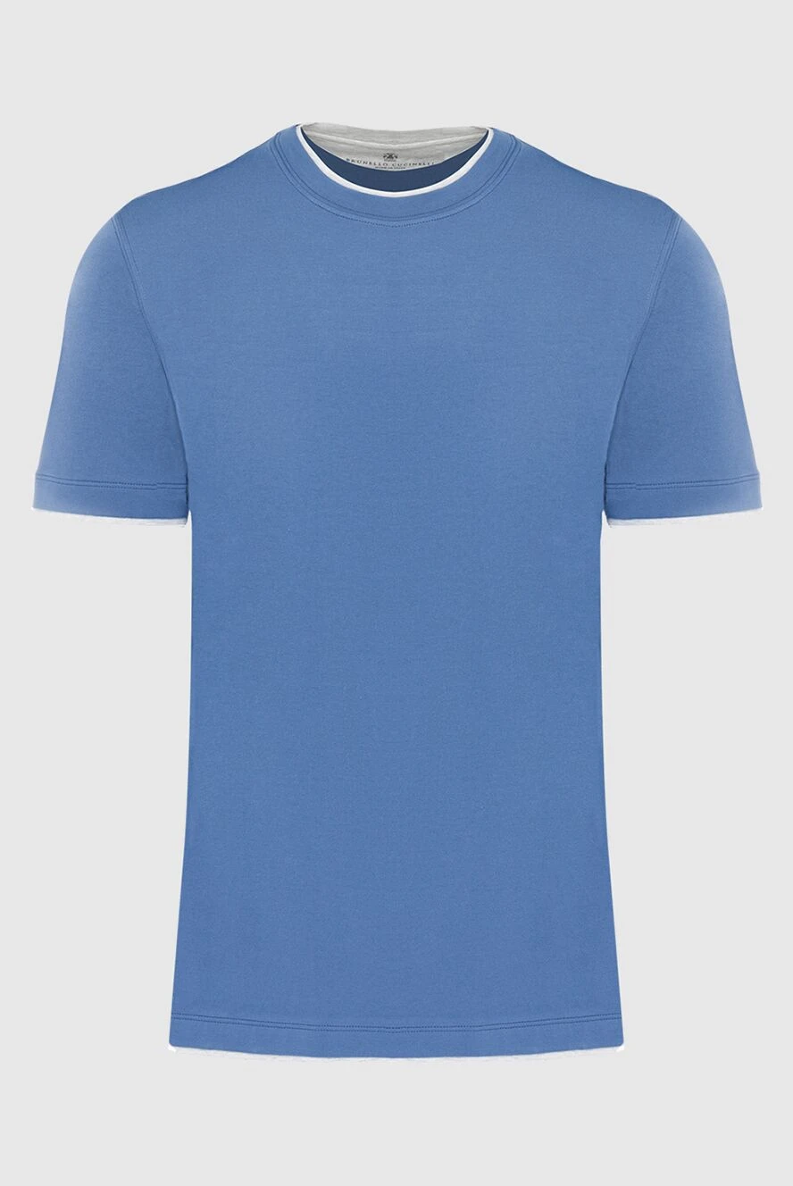 Brunello Cucinelli Blue cotton T-shirt for men - edging on the collar. 100% cotton. Country of origin: Italy. Care: specialized cleaning - photo 1