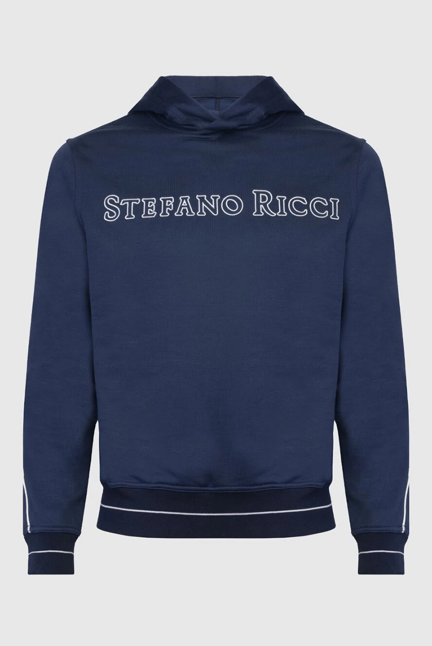 Stefano Ricci Худи мужской из хлопка и шелка синий - Вышивка логотипа бренда, контрастная отделка. Капюшон. 76% хлопок, 24% шёлк. Кулиска. Страна производитель: Италия. Уход: специализированная чистка - фото 1
