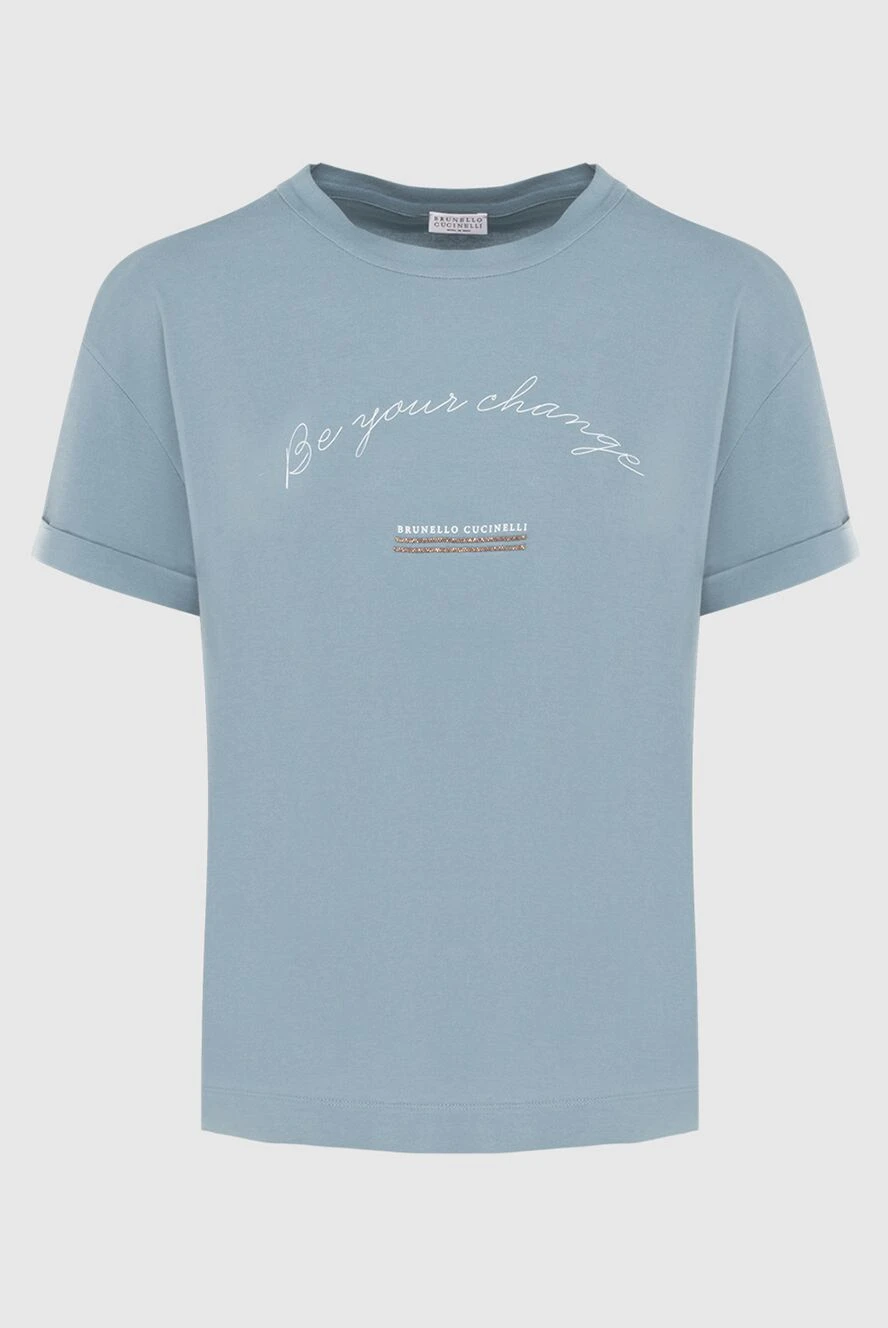 Brunello Cucinelli Футболка женская голубая с вышивкой Be Your Change - принт надписи. 100% хлопок. Страна производитель: Италия. Уход: специализированная чистка - фото 1
