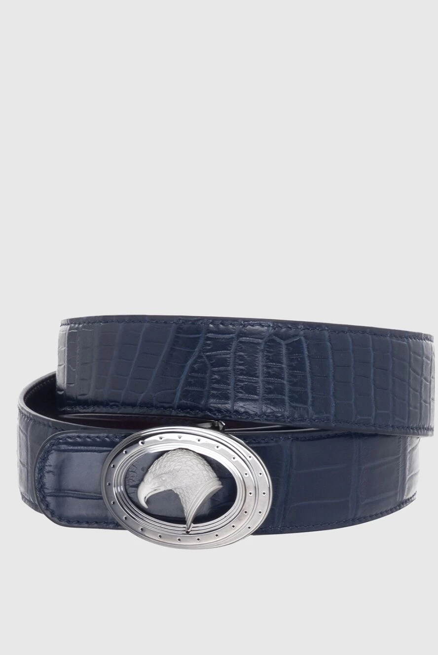 Stefano Ricci Мужской ремень из натуральной кожи крокодила синего цвета с пряжкой Eagle - Фактурная кожа, пряжка с монограммой логотипа. 100% кожа крокодила. Размер: Ширина 4см. Гвоздик. Страна производитель: Италия. Уход: специализированная чистка - фото 1