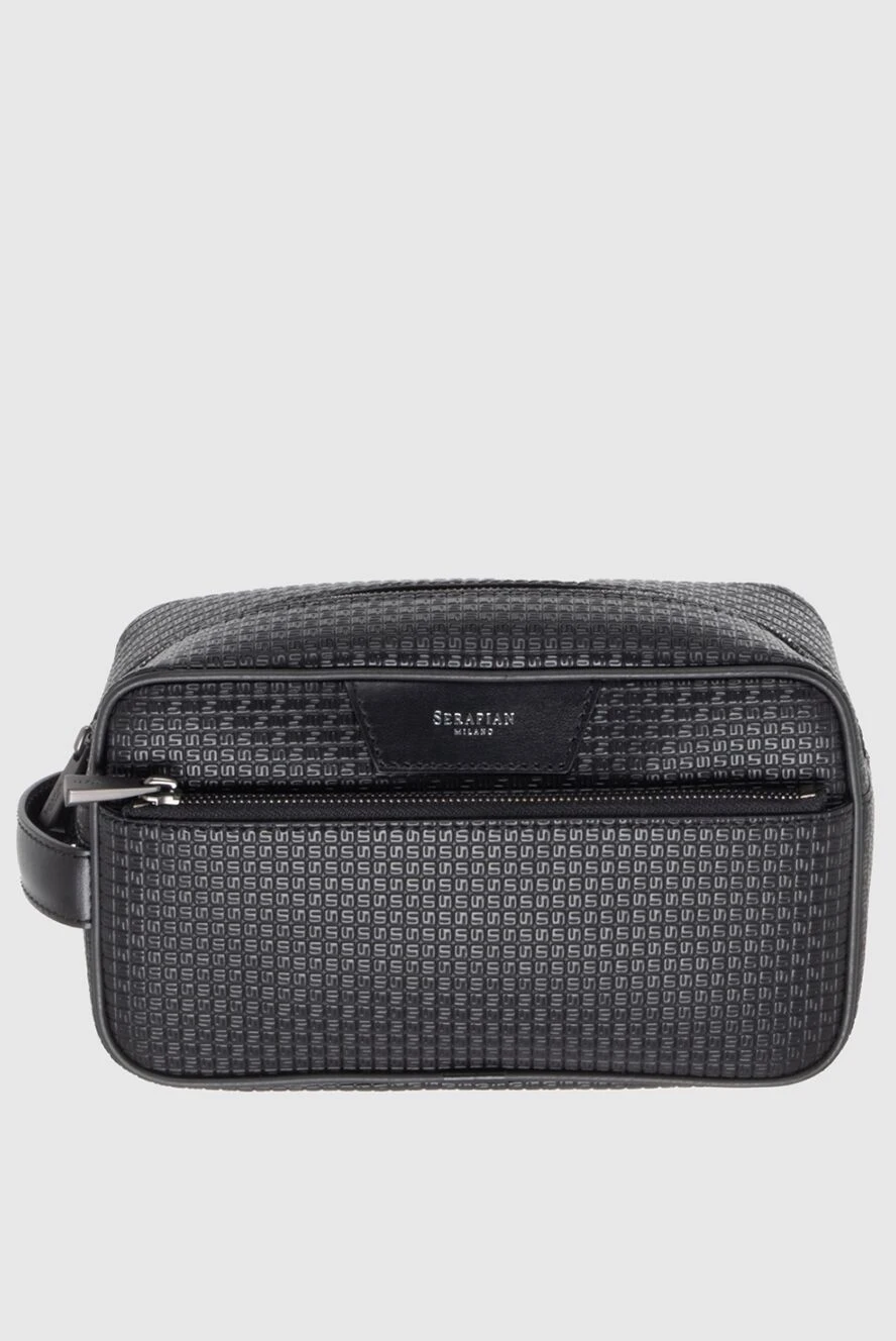 Serapian Black genuine leather cosmetic bag - logo, textured leather. 100% genuine leather. side pocket with zipper. Closure: zipper. Country of origin: Italy. Care: specialized cleaning - photo 1