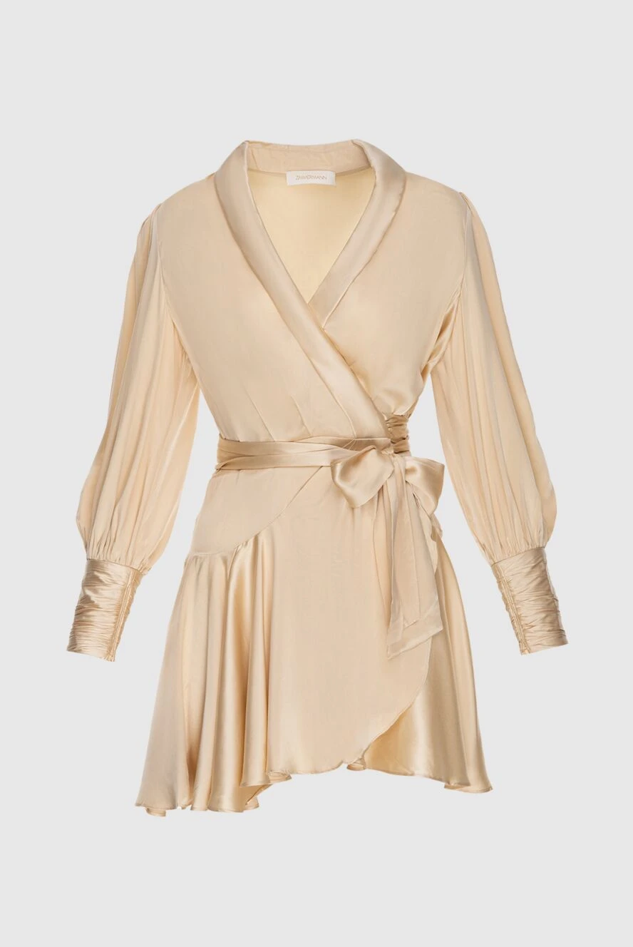 Zimmermann Платье-мини женское бежевое шелковое с длинными рукавами и поясом - V-образный вырез, пояс на талии. шёлк. Застёжка: завязки. Страна производитель: Италия. Уход: специализированная чистка - фото 1