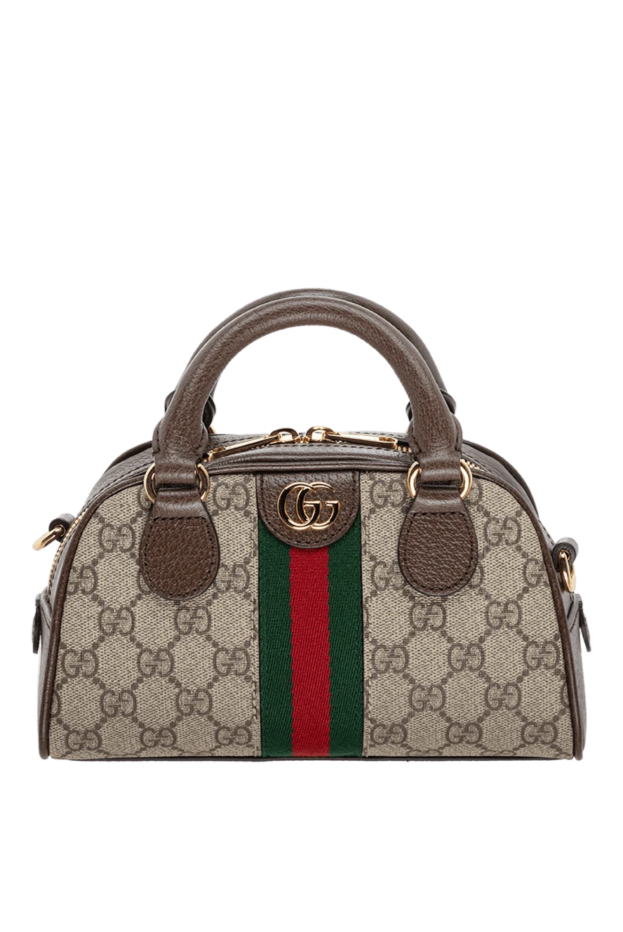 Gucci Brown leather bag for women - gold-plated hardware, contrast stripe, metal logo. zipper. genuine leather, textile. Country of origin: Italy. Care: specialized cleaning - photo 1