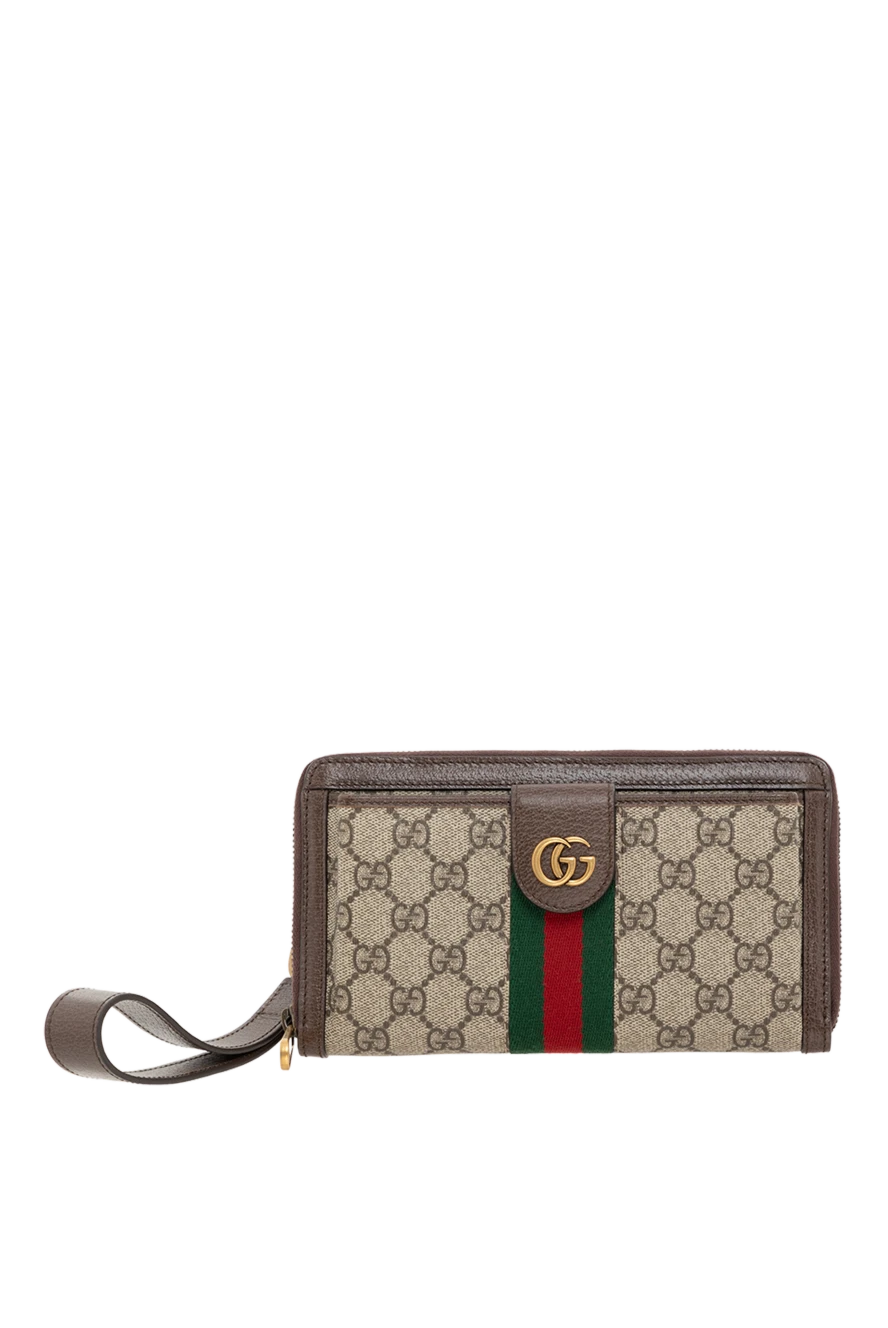 Gucci Мужская сумка-клатч Ophidia GG коричневая - красно-зеленая лента Web. 60% полиуретан, 20% хлопок, 20% полиэстер. пуговица, молния. Размер: Ш 21 х В 13 х Г 4 см. карман на молнии. Страна производитель: Италия. Уход: специализированная чистка - фото 1