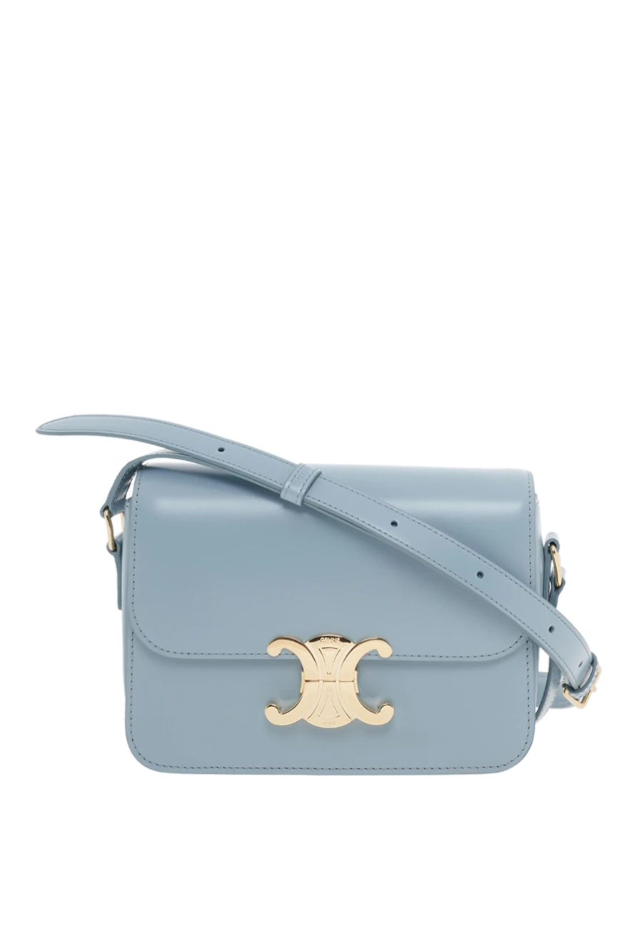 Celine Сумка Teen Triomphe из блестящей телячьей кожи голубая женская - пряжка в виде логотипа. 100% телячья кожа, подкладка из овчины. Размеры:18,5 x 13,5 x 7 СМ. Длина ремня: регулируемый ремень с минимальной высотой 35 СМ и максимальной высотой 50 СМ. металлическая застежка Triomphe. один внутренний карман на молнии, один внутренний плоский карман. Страна производитель: Франция. Уход: специализированная чистка - фото 1