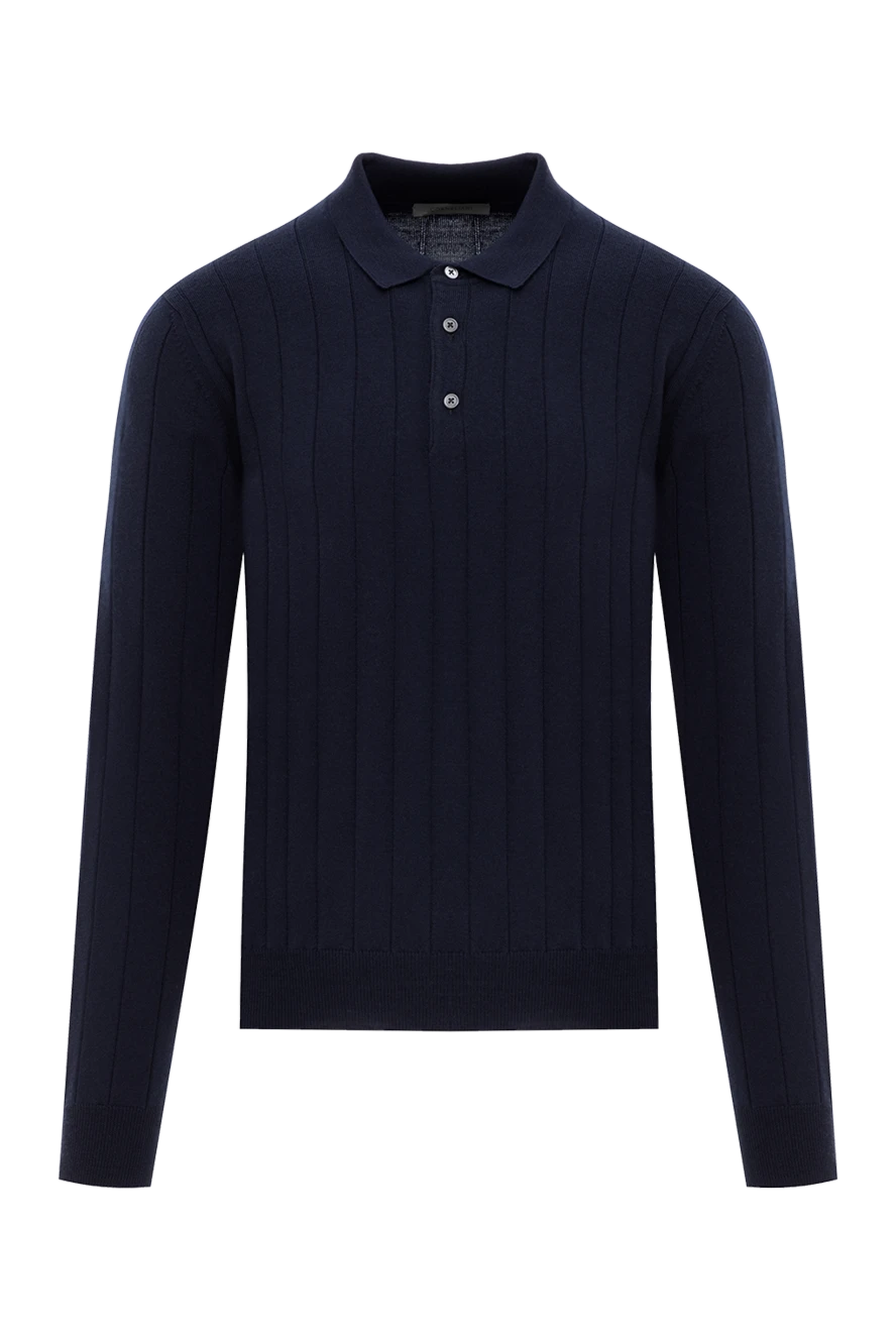 Corneliani Long sleeve wool polo shirt blue with textured knit - relief stripe pattern. 100% wool. Fastener: buttons. Country of manufacture: Italy. Care: specialized cleaning - photo 1
