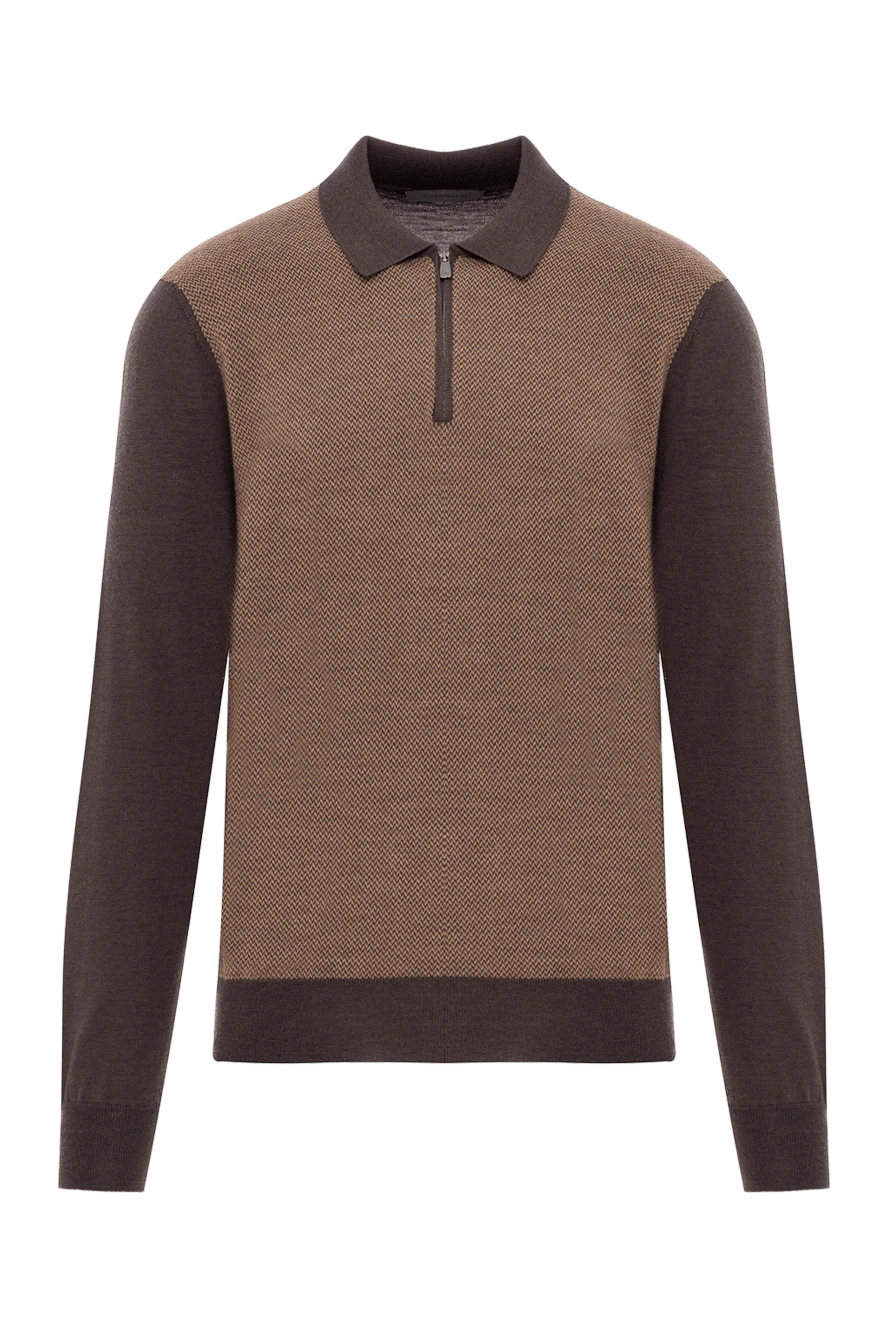 Corneliani Long sleeve polo shirt in brown wool with contrast sleeves and collar - Contrast sleeves and collar. Material: 100% wool. zip. . Country of origin: Italy. Care: specialized cleaning - photo 1