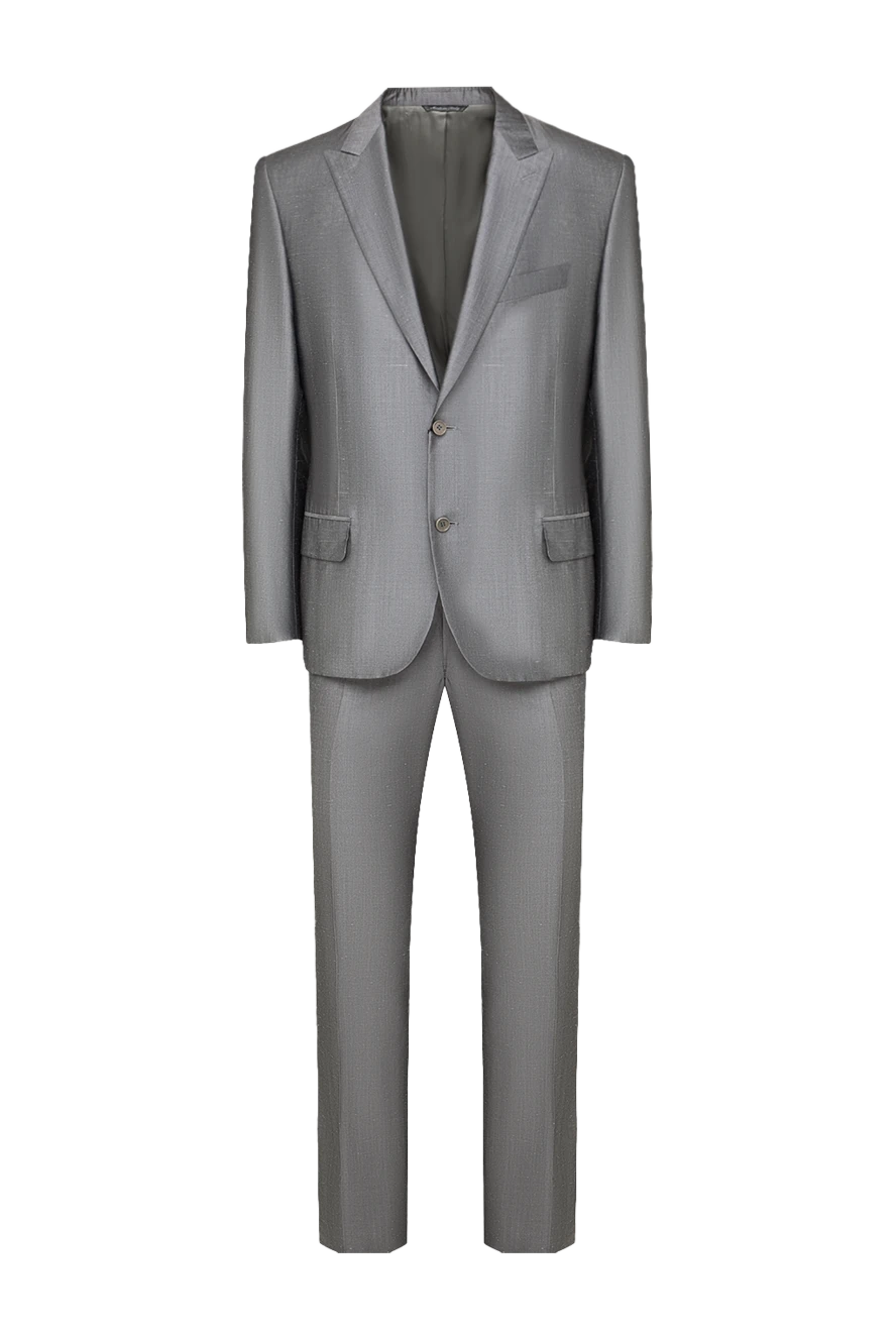 Canali Костюм мужской из шелка серый - Шлица. 100% шёлк. Пуговицы, крючок. Нагрудный карман, два кармана с клапанами. Карманы (внутренние): Три кармана. Два боковых кармана, два кармана сзади на пуговицах. 100% купро. Страна производитель: Италия. Уход: специализированная чистка - фото 1