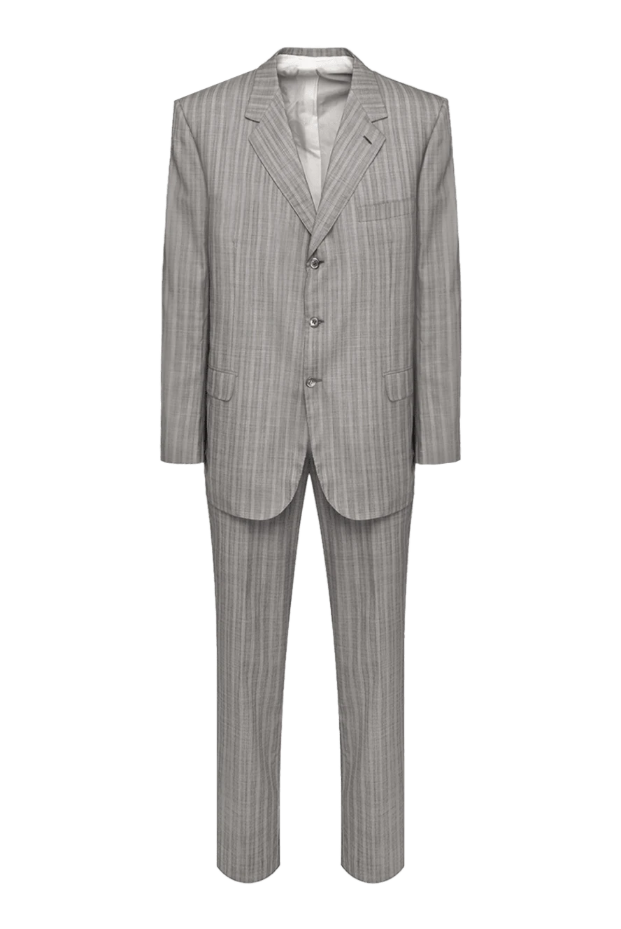 Brioni Жүн мен жібектен тігілген ерлер костюмі, сұр түсті - Жолақ үлгісі, ойық. Құрамы: 90% жүн, 10% жібек. Жабу: түймелер, ілмек. Қалталар (сыртқы): кеуде қалтасы, екі қалталы қалта. Қалталар (ішкі): үш қалта. Шалбар қалталары: екі бүйір қалта, түймелері бар екі артқы қалта. Астарлығы: 100% мельгерь. Шығарылған елі: Италия. Күтім: арнайы тазалау - фото 1