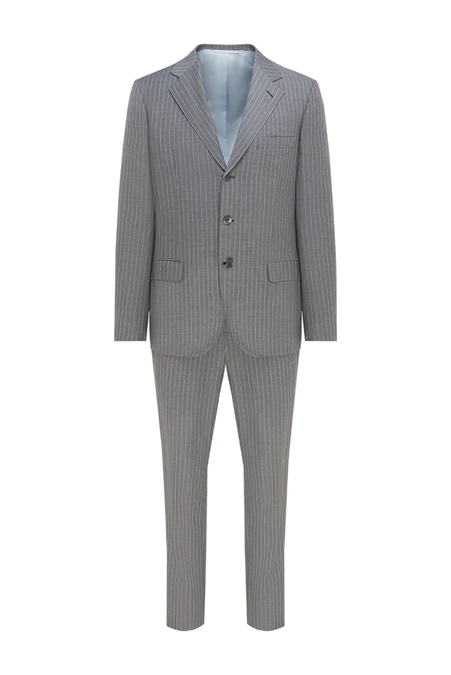 Brioni Костюм мужской из шерсти и шелка серый - Узор полоска, шлица. 85% шерсть, 15% шёлк. Пуговицы, крючок. Нагрудный карман, два кармана с клапанами. Карманы (внутренние): Три кармана. Два боковых кармана, два кармана сзади на пуговицах. 100% купро. Страна производитель: Италия. Уход: специализированная чистка - фото 1