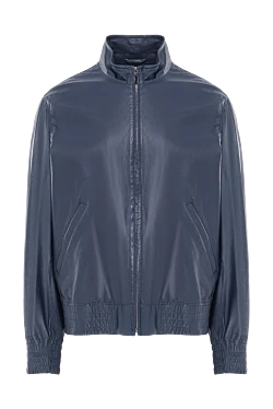 Куртка кожаная темно-синяя с воротником-стойкой мужская