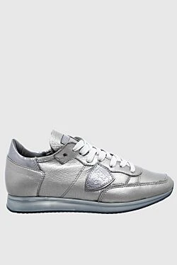 Gray leather and fur sneakers for women