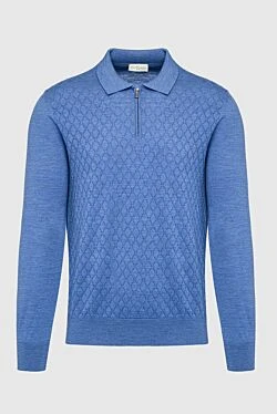 Blue Wool Long Sleeve Polo for men