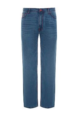 Голубые джинсы из лиоцела с контрастной красной строчкой