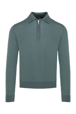 Long sleeve polo in wool, silk and green cashmere for men